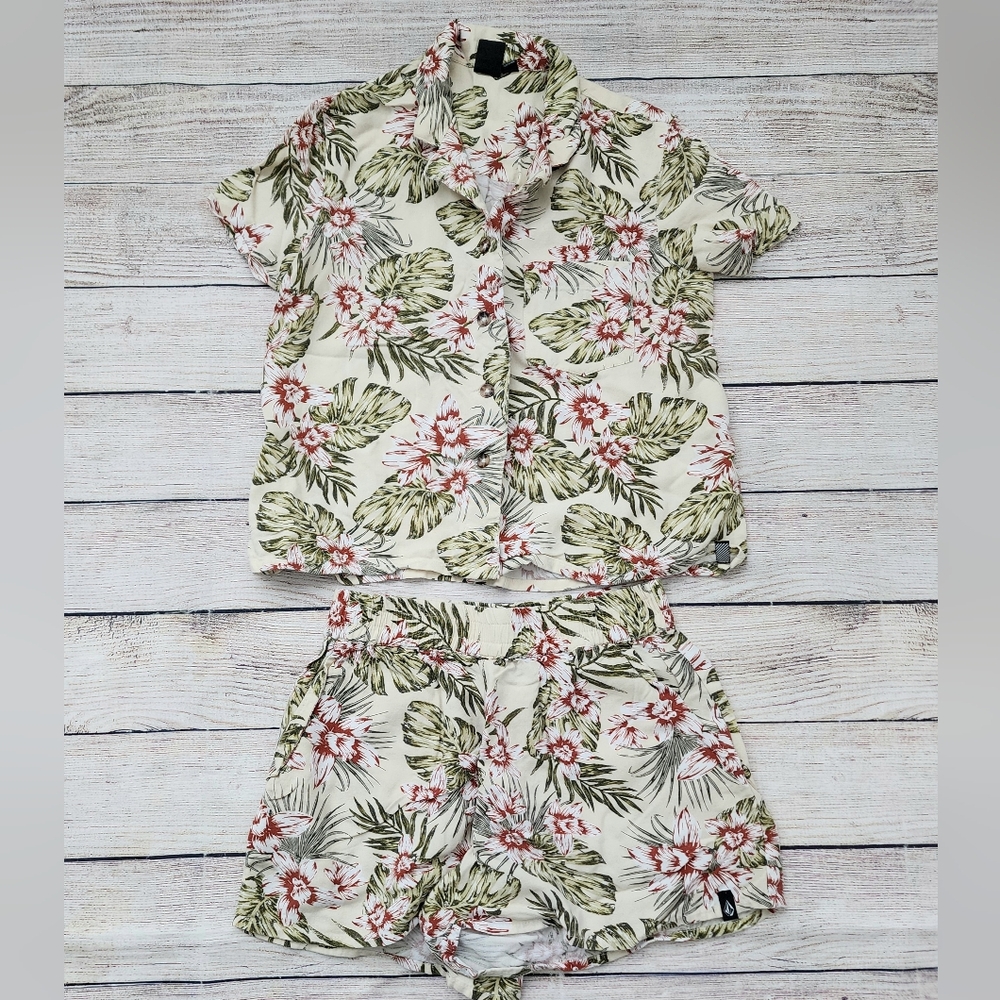 Volcom Not Real Shore Shorts Set Tropical Green Tea Girls S 7/8 - Picture 2 of 12